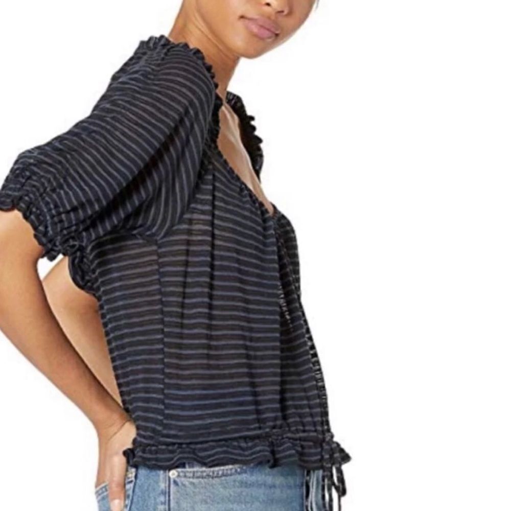 Free People Dorothy Cropped Top Peasant Style Black Blue Navy Stripe Size XS